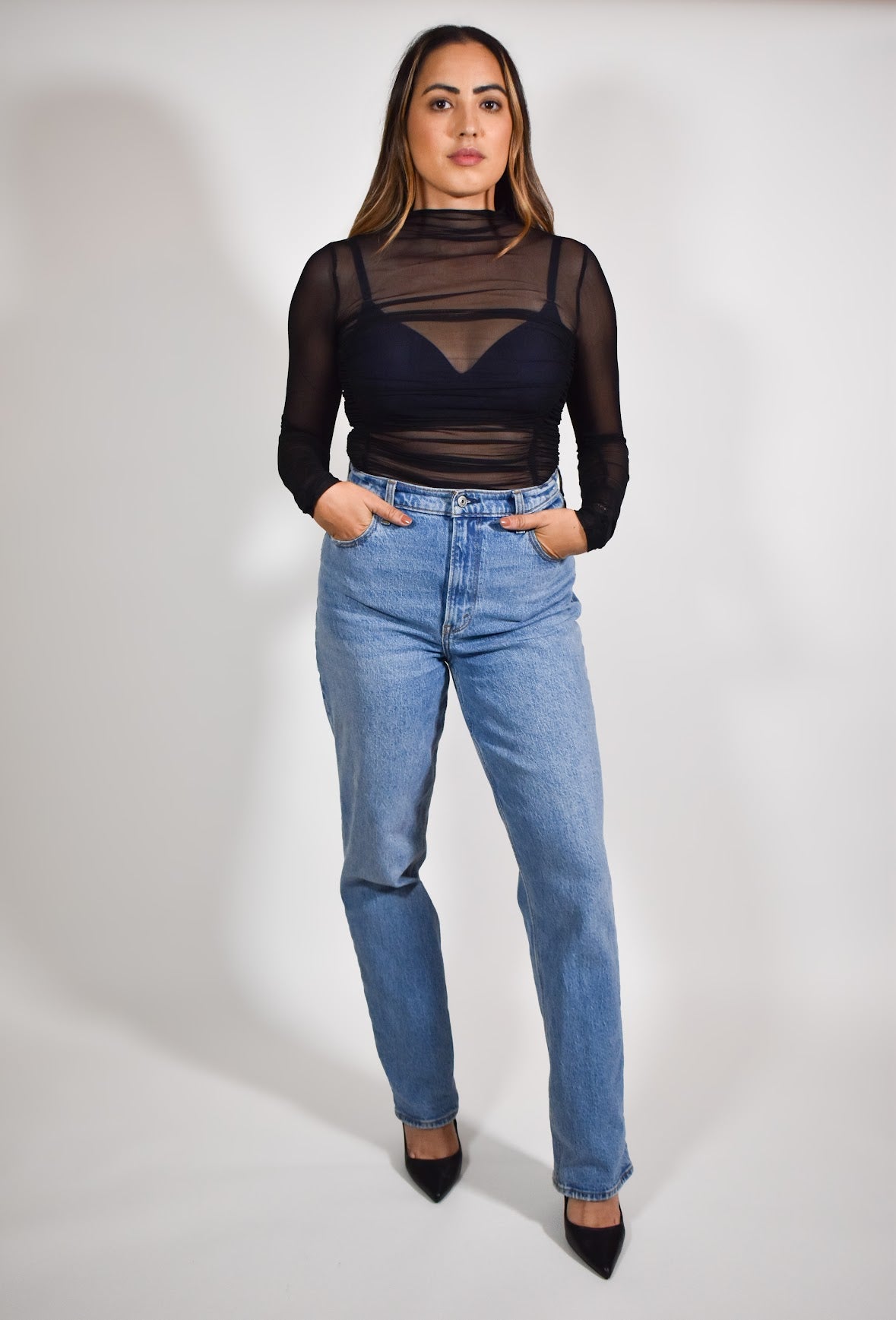 Mock Neck Mesh Stretch Bodysuit