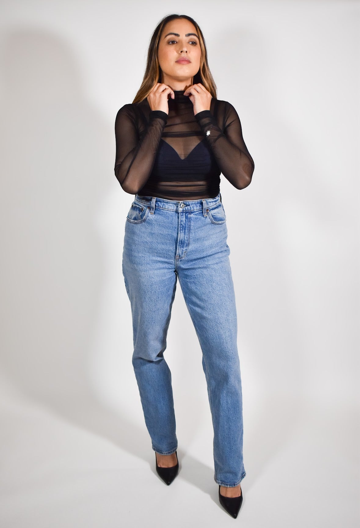 Mock Neck Mesh Stretch Bodysuit