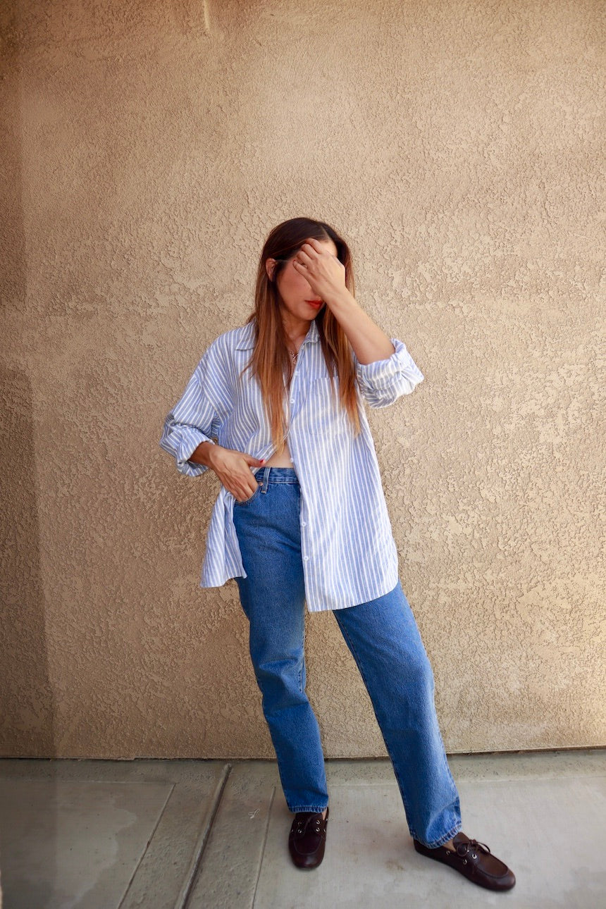 OVERSIZED STRIPED LONG SLEEVE BUTTON UP