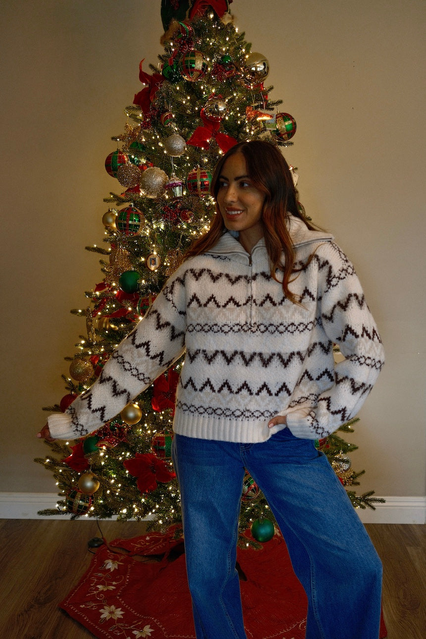 Brown Half Zip Holiday Sweater
