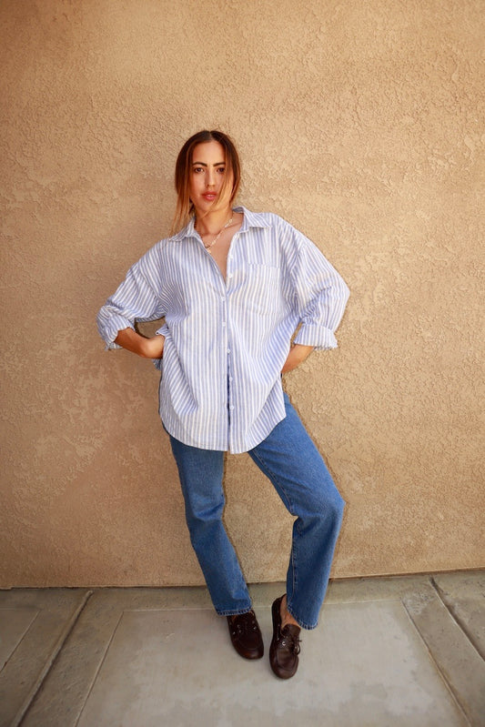 OVERSIZED STRIPED LONG SLEEVE BUTTON UP