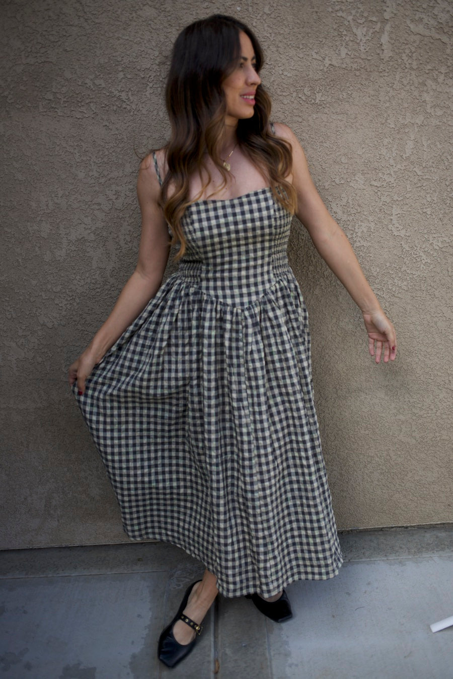 Gingham Smocked Midi Dress