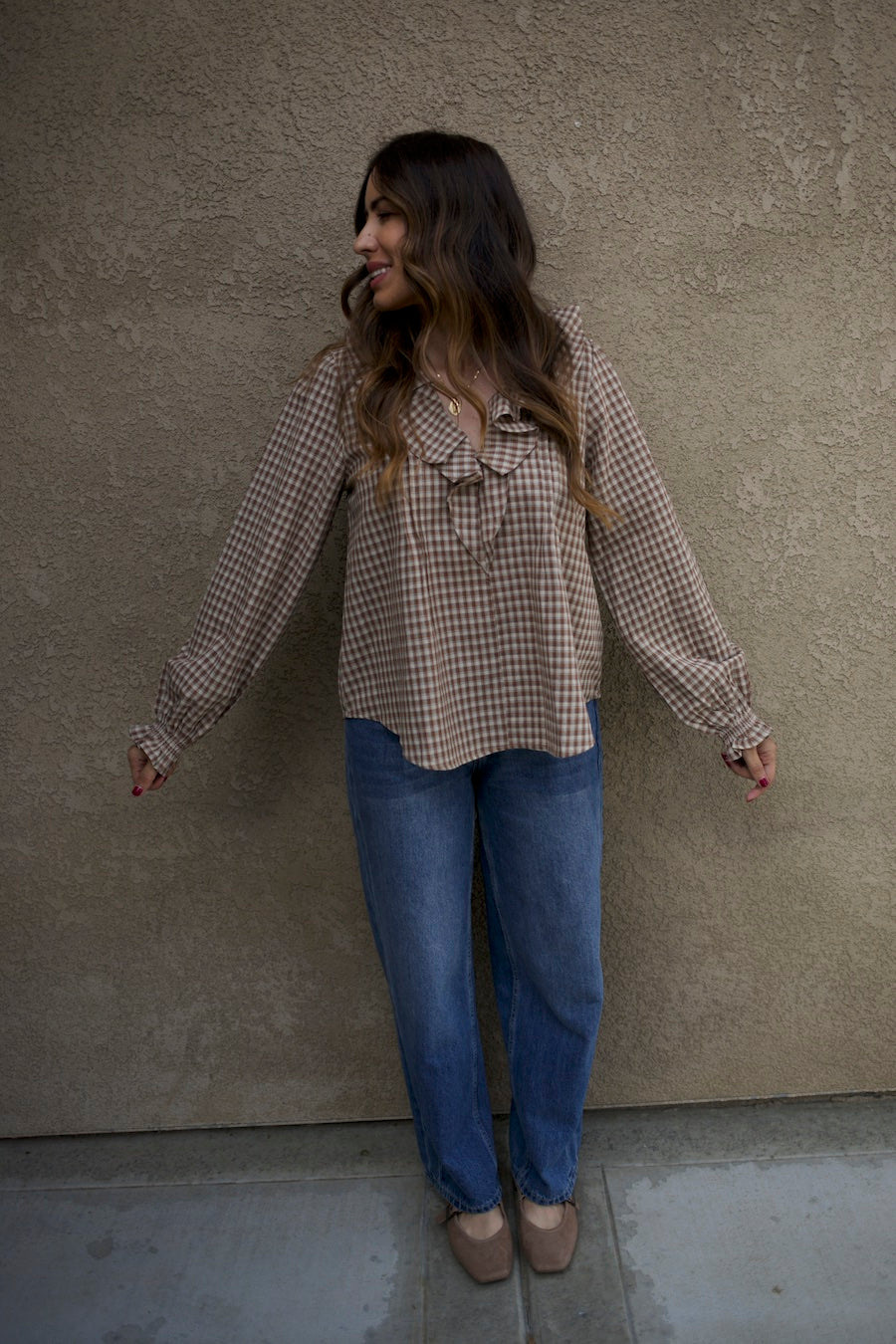 Gingham Woven Ruffle Top