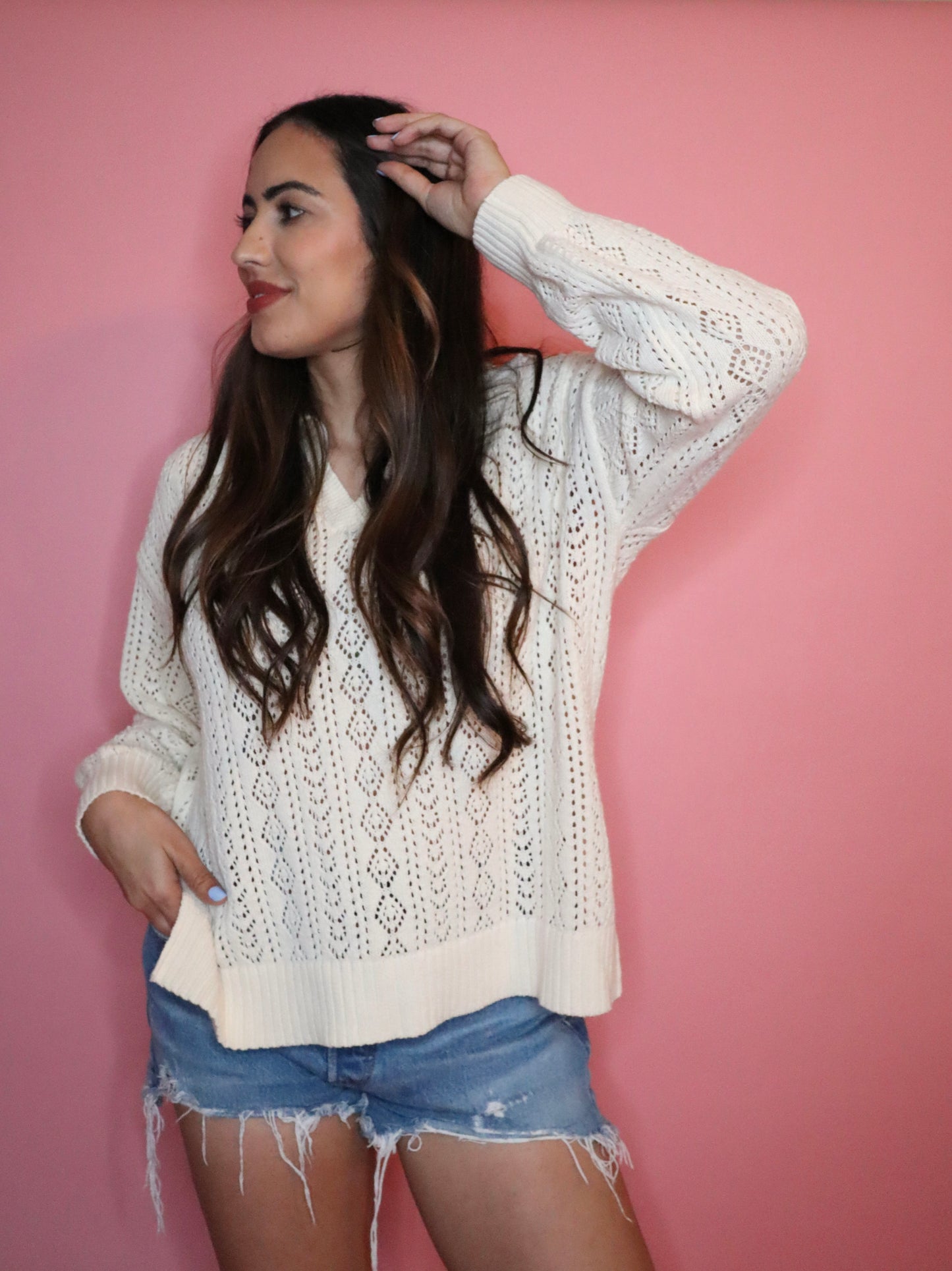 COLLARED NECK LONG SLEEVE OPEN KNIT SWEATER TOP